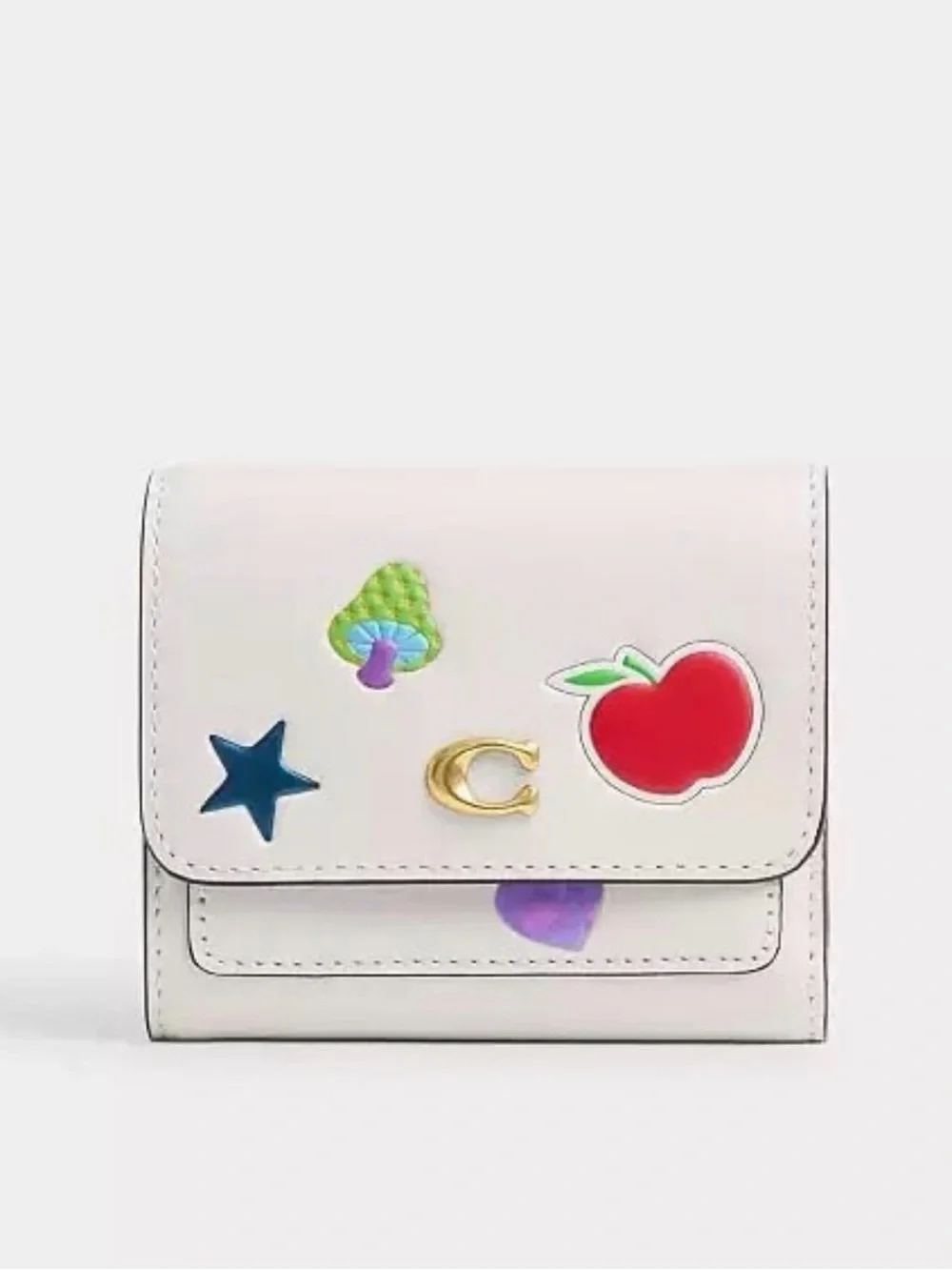 Coach Mila Small Flap Wallet in Sticker Print Brass/Chalk Multi Calf Leather NWT